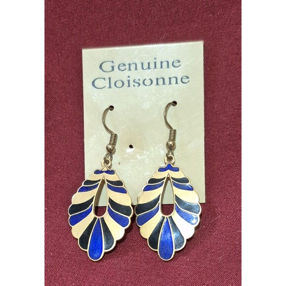 Vintage Cloisonne Earrings Blue Gold Black Enamel Gold Tone Pierced Ear EUC - Picture 1 of 2